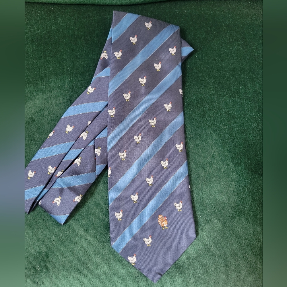 Navy Blue Striped Tie with Chickens and Rooster Motif